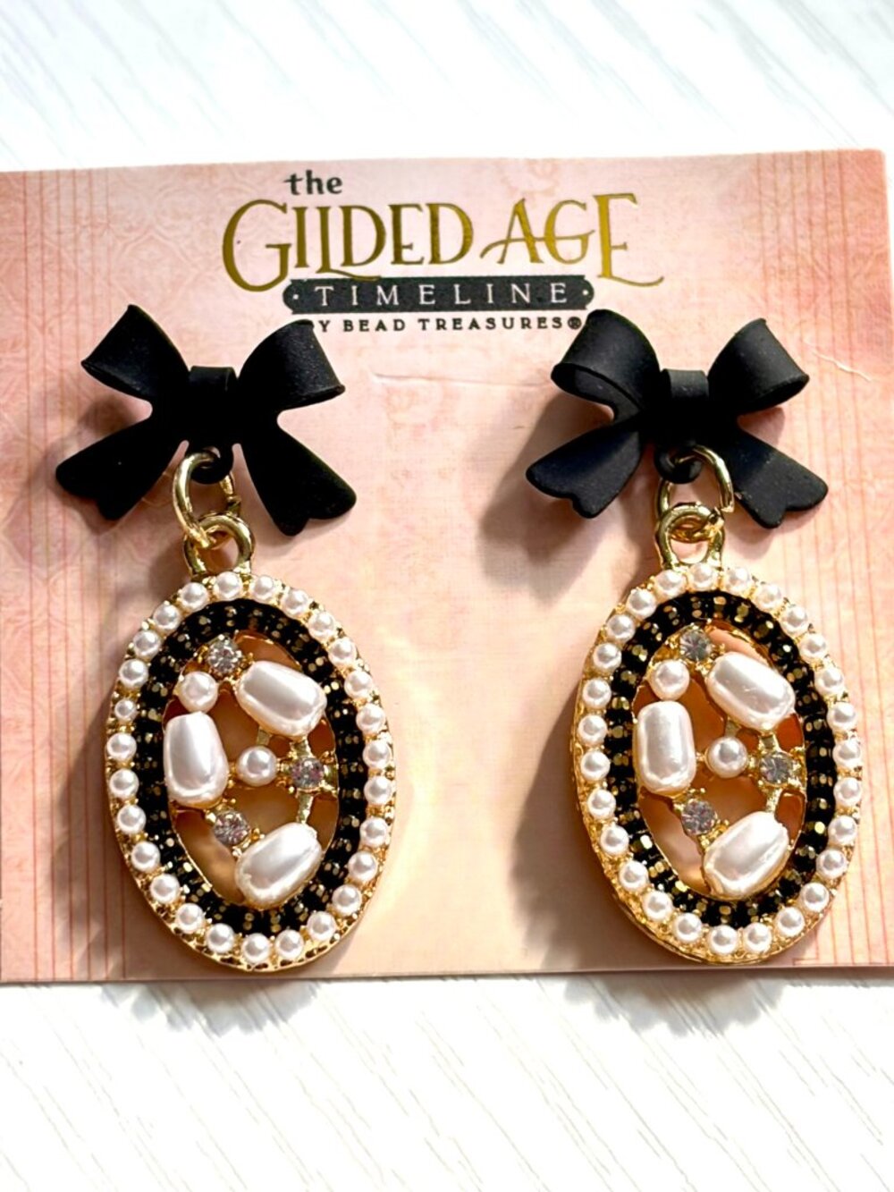 The Gilded Age Black Bow Pearl Crystal Gold Tone Dangle Earrings